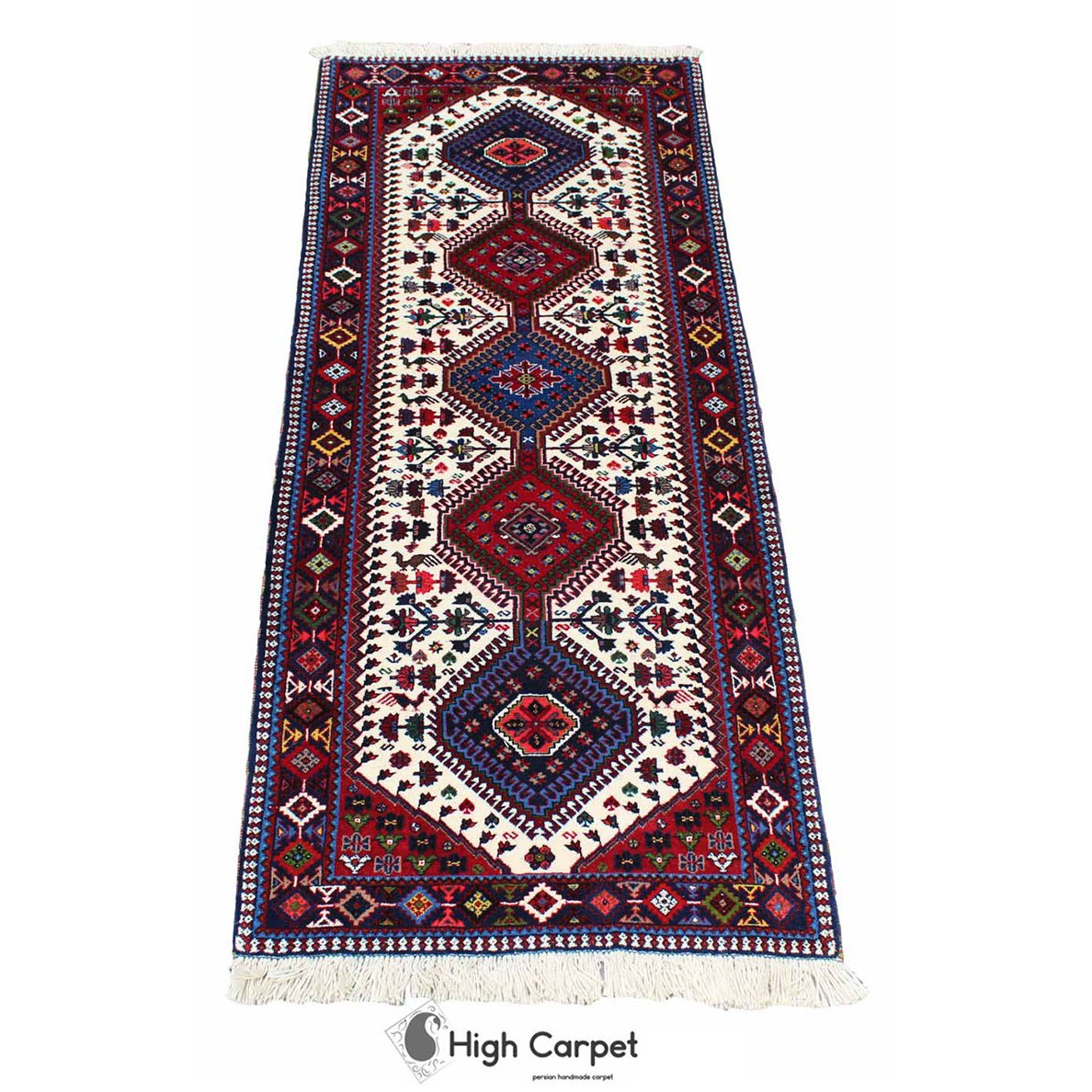 فرش دستبافت کناره 2 متری زمینه کرم نقشه لوزی یلمه شیراز کد 0390