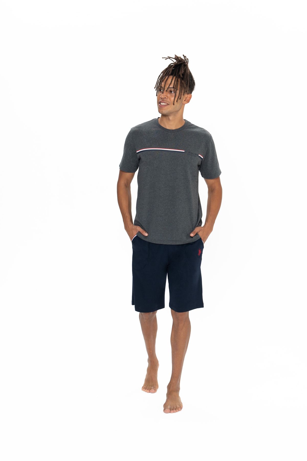 ست پیژامه خاکستری مردانه پایه چوگان ASSN. لباس های خانگی یقه گرد SRK3. U.S. Polo Assn.
