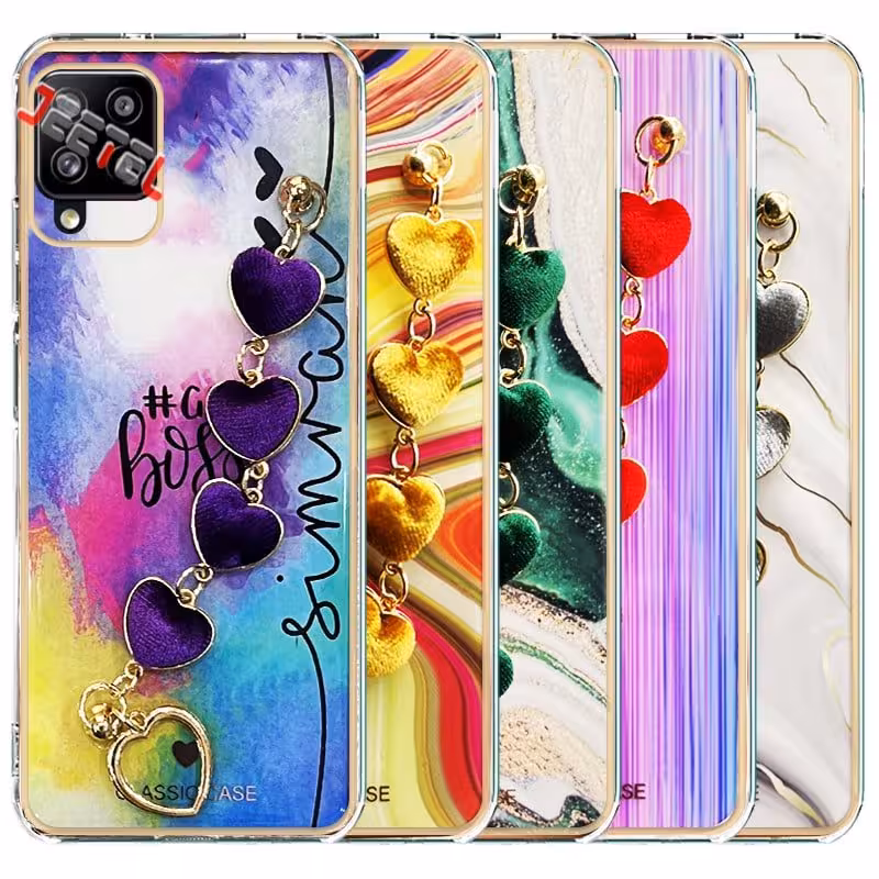 قاب گوشی دخترانه سامسونگ Samsung Galaxy A12 / M12 مدل ماربل پام پام زنجیردار
