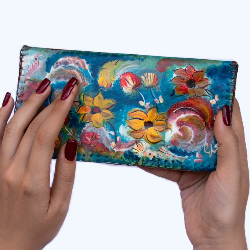 کیف پول زنانه  چرم طبیعی دست دوز با نقاشی اصل بدون چاپ