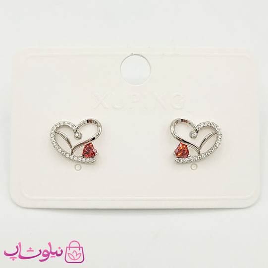 گوشواره دخترانه میخی ژوپینگ قلبی سیلور قرمز کد 991