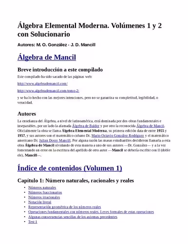 خرید و دانلود نسخه کامل کتاب Álgebra de Mancil - Álgebra Elemental Moderna. Volúmenes 1 y 2 con Solucionario