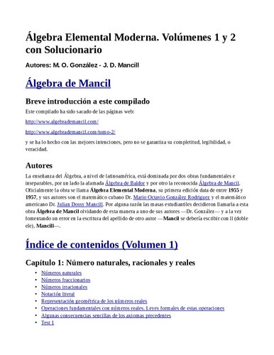 خرید و دانلود نسخه کامل کتاب Álgebra de Mancil - Álgebra Elemental Moderna. Volúmenes 1 y 2 con Solucionario