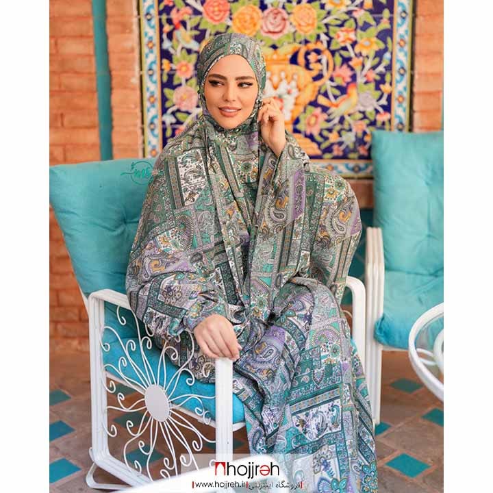 اطلاعات ، قیمت و خرید چادر نماز کیسه ای مقنعه سر خود طرح دار سبز کد MS09