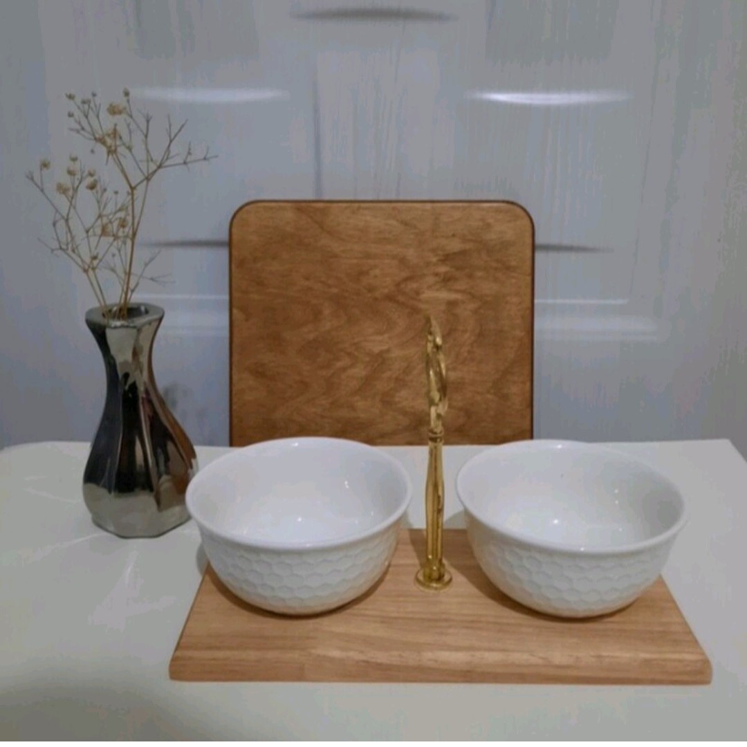 اردوخوری دوپیاله سرامیک باکف چوبی دسته دار