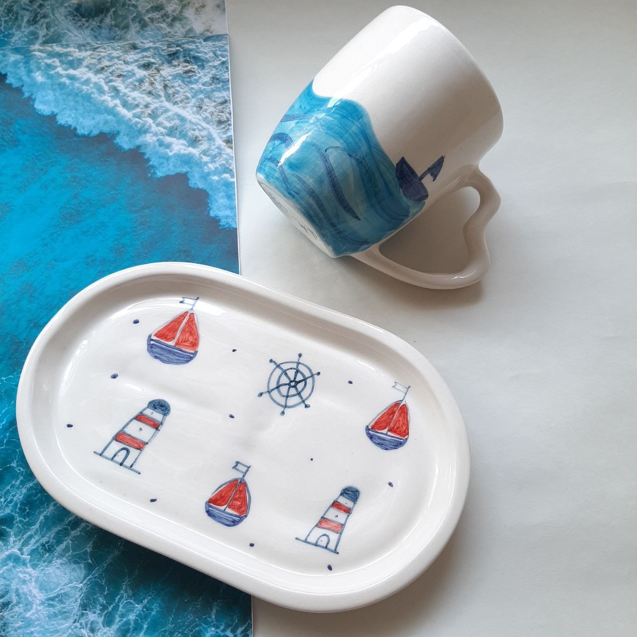 ست ماگ و زیر لیوانی دست ساز سرامیکی طرح دریا
