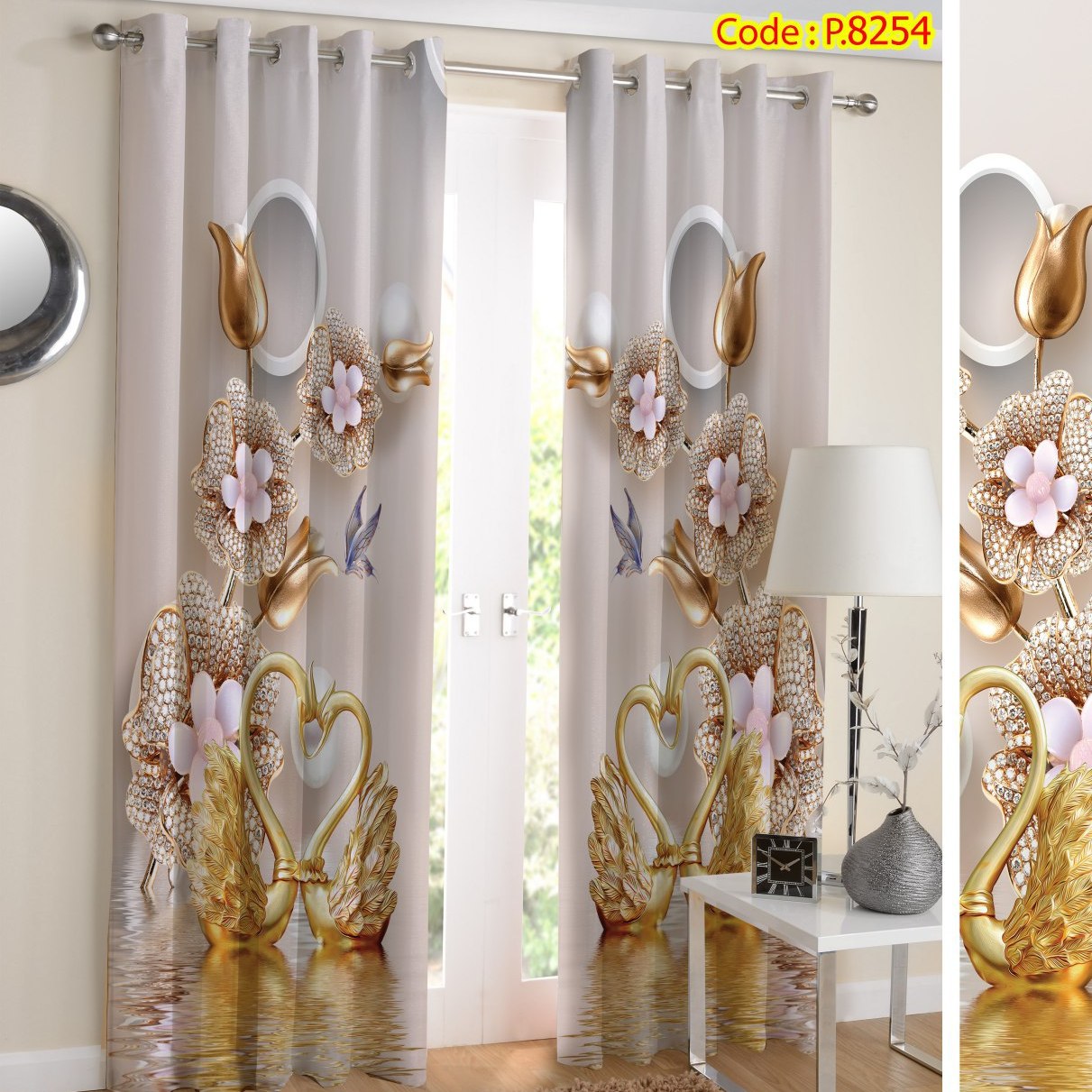 پرده پذیرایی دو قواره طرح گل سه بعدی طلایی کد P8254