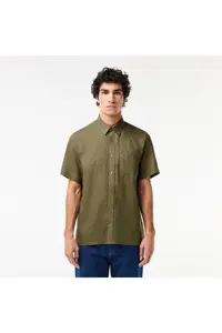 پیراهن / بلوز دکمه دار سبز مردانه کتانی کوتاه آستین به طور منظم Lacoste