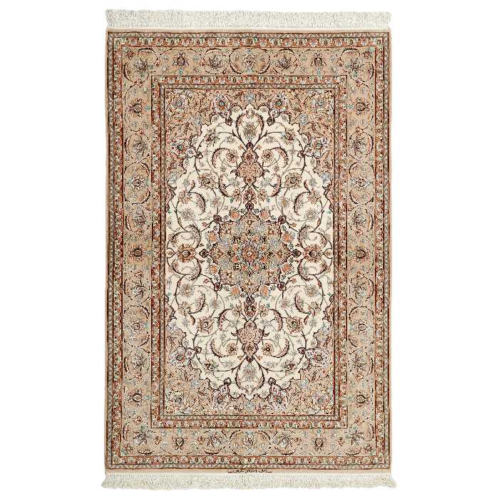 فرش دستبافت دو و نیم متری مدل چله و گل ابریشم اصفهان کد 442382