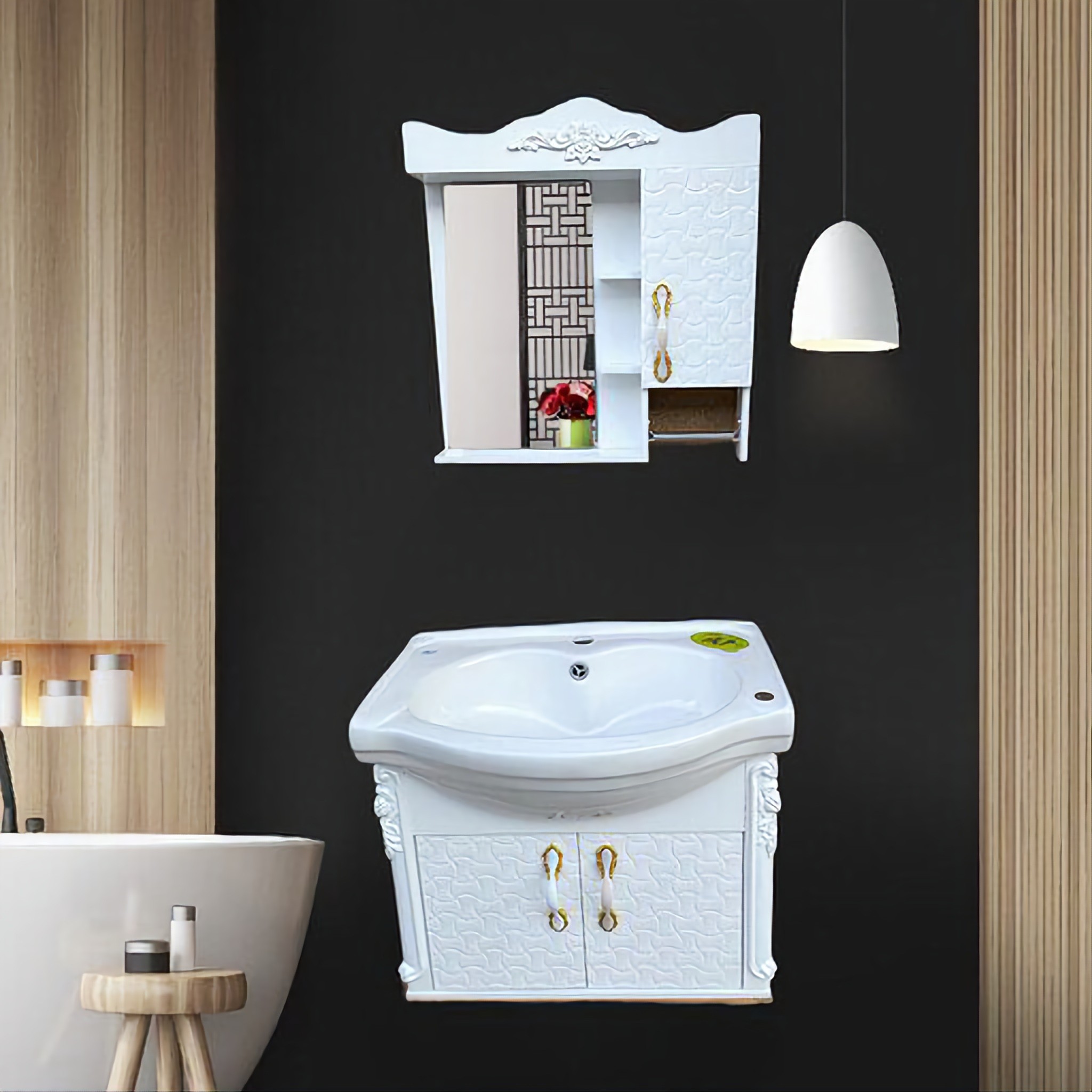 فول ست دیواری و ستونی سفید مدل 1065  روشویی کابینتی سنگ  آینه باکس