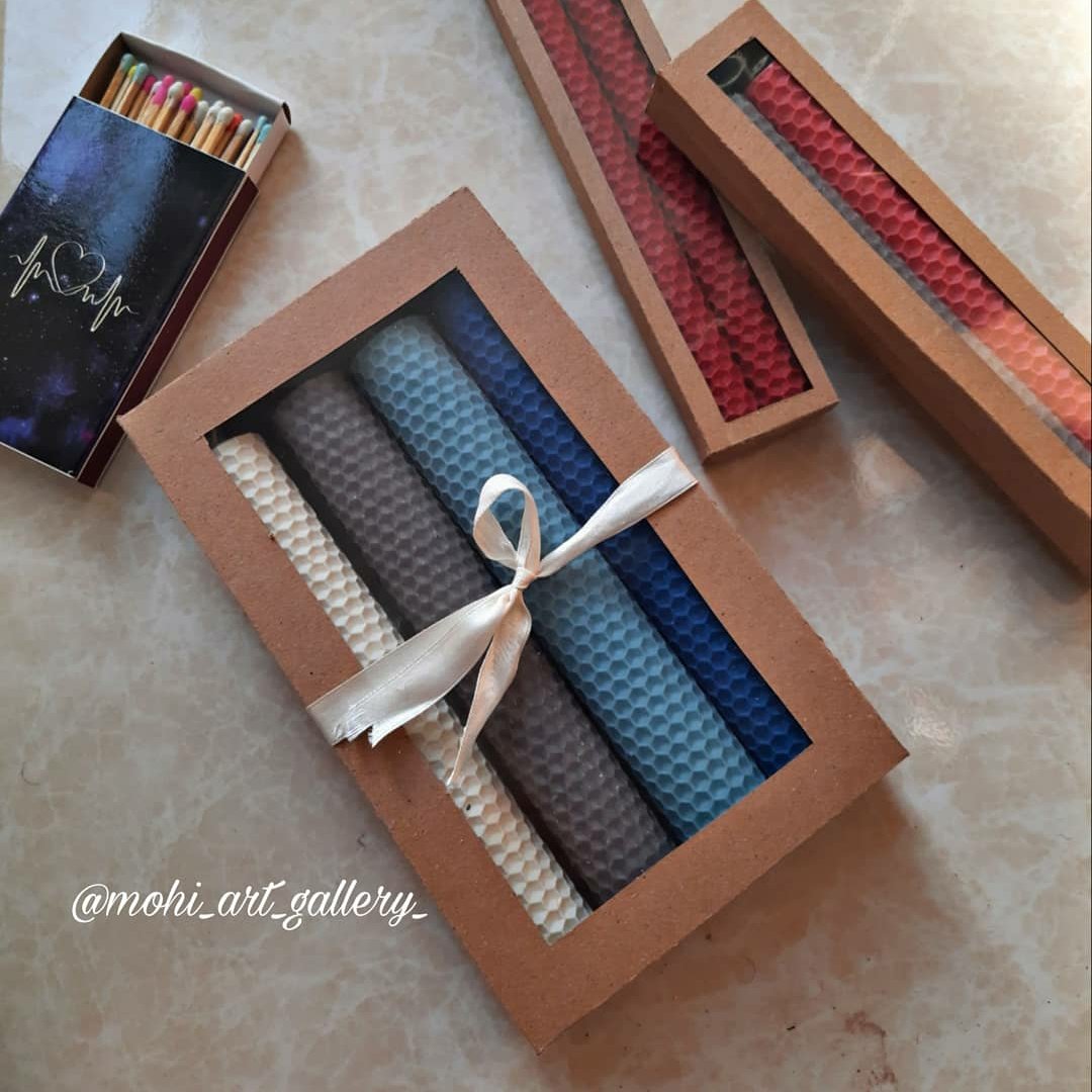 پک شمع های طبیعی موم عسل همراه جعبه