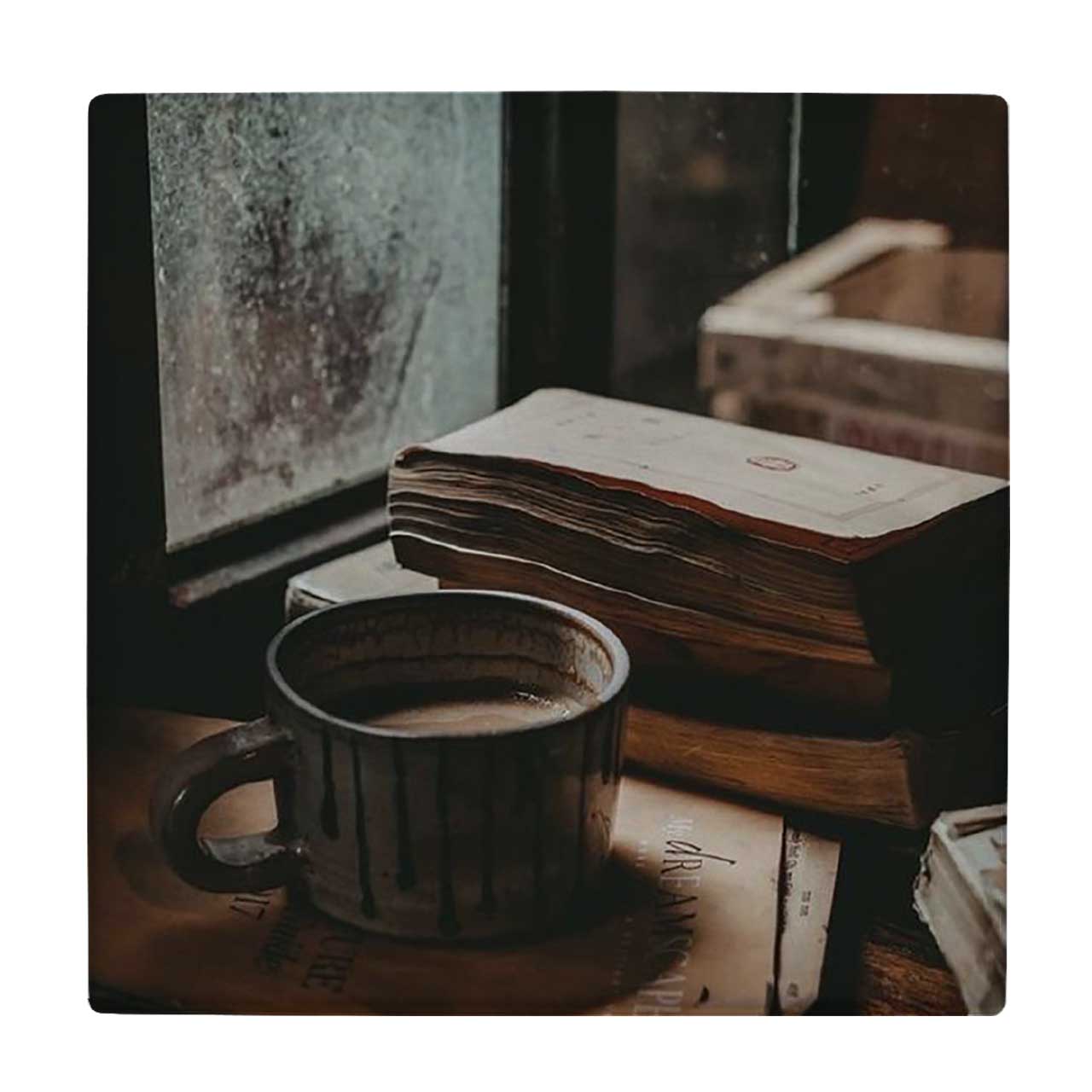  زیر لیوانی  طرح کتاب و فنجان قهوه پشت پنجره کد    5928018_4715