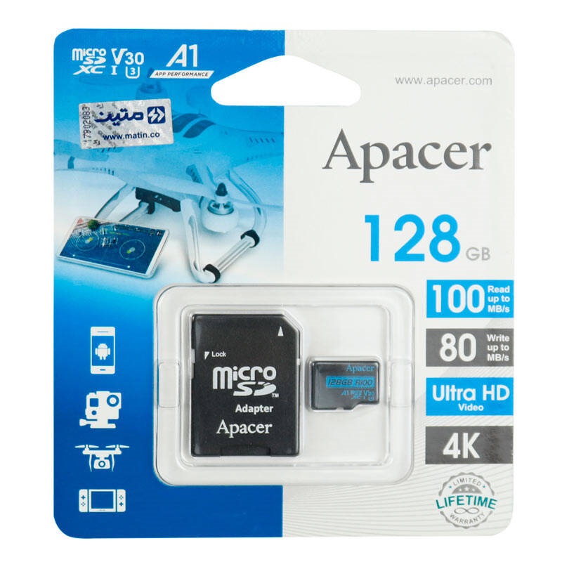 رم میکرو 128 گیگ اپیسر Apacer Rioo A1 V30 U3 C10 100MB/s   خشاب