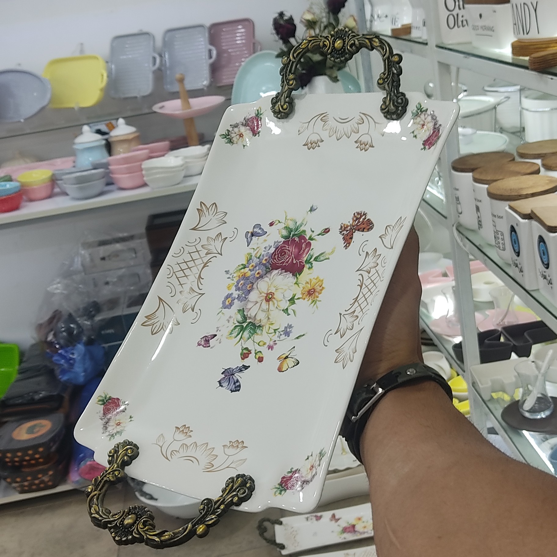 شیرینی خوری گلدار دسته پایه پیوتر (سایز کوچک)