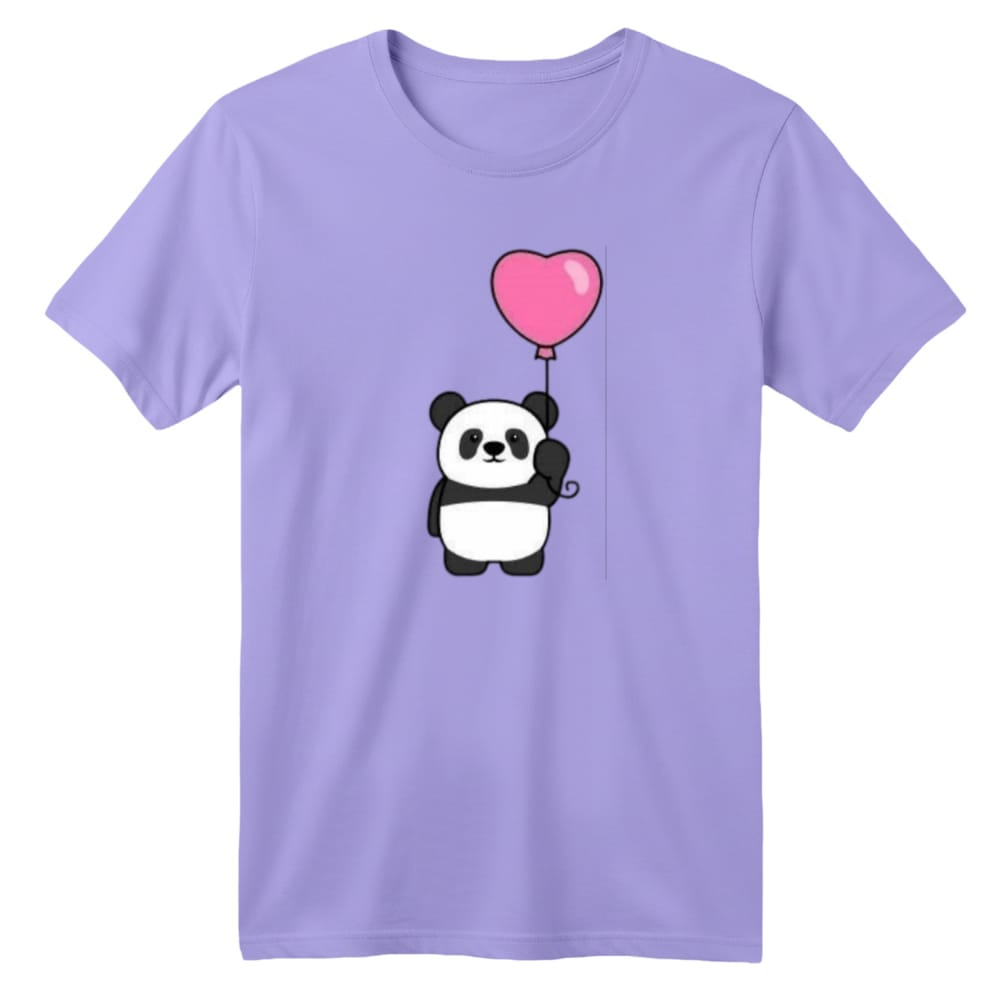 تی شرت آستین کوتاه بچگانه مدل پاندا و بادکنک قلبی رنگ یاسی