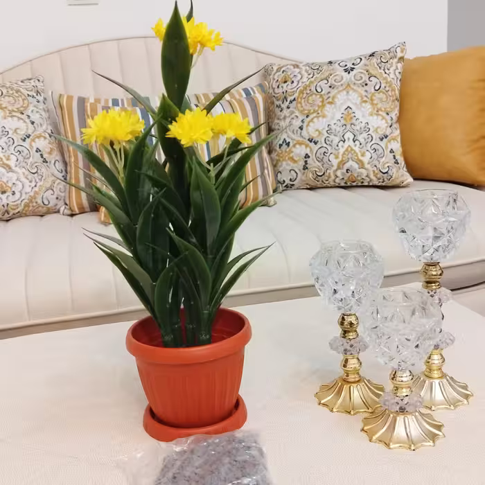 گل مصنوعی مینا 15 گل زرد  گلدان اجری مصنوعی  ( فروشگاه کاج)