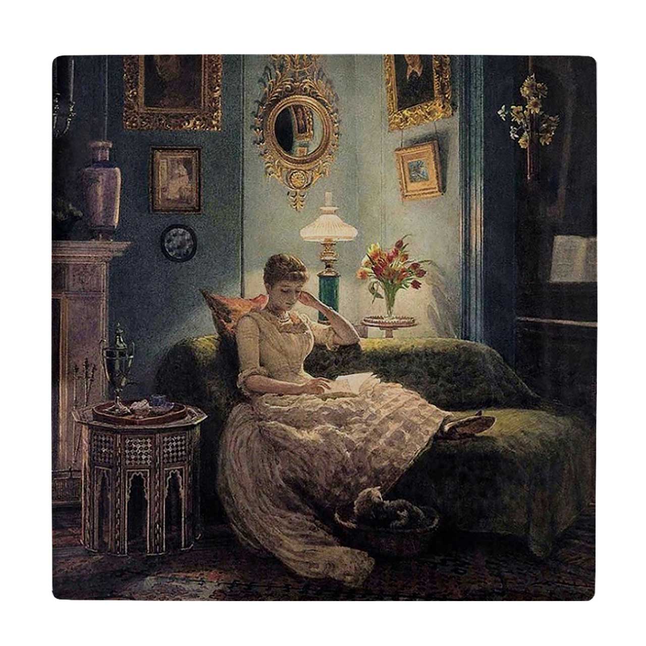  کاشی کارنیلا طرح نقاشی بانوی کتابخوان و مبل راحتی کد wkk513