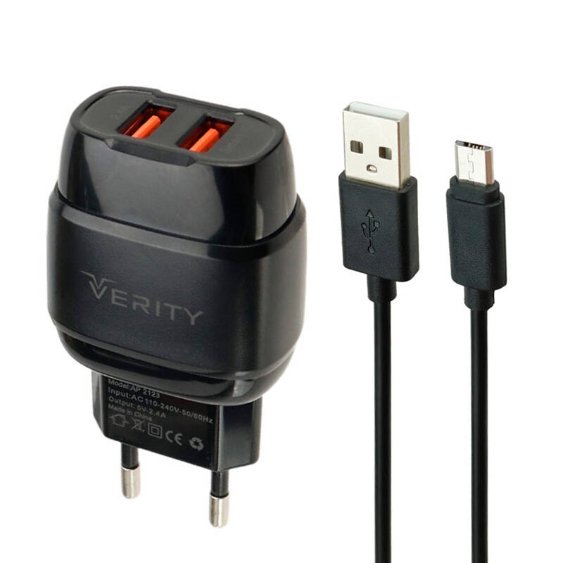 شارژر دیواری فست شارژ Verity AP2123 2Port 2.4A   کابل میکرو یو اس بی