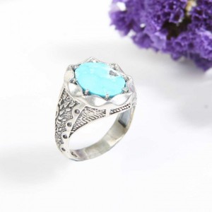 انگشتر نقره مردانه با سنگ فیروزه نیشابور با غلاف دالبر