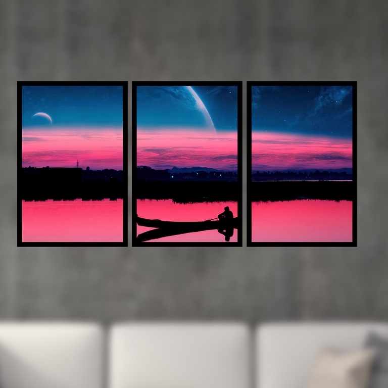 تابلو بکلیت طرح نقاشی منظره ی دریاچه و قایق مدل B-S4952  مجموعه 3 عددی