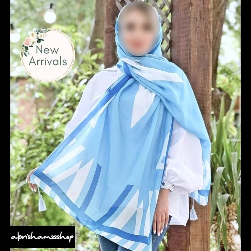 شال آبی آسمانی نخی تابستانه منگوله دار تک رنگ