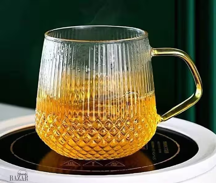 لیوان پیرکس مدل دو طرح شیاردار دسته زرد شعله مستقیم چین