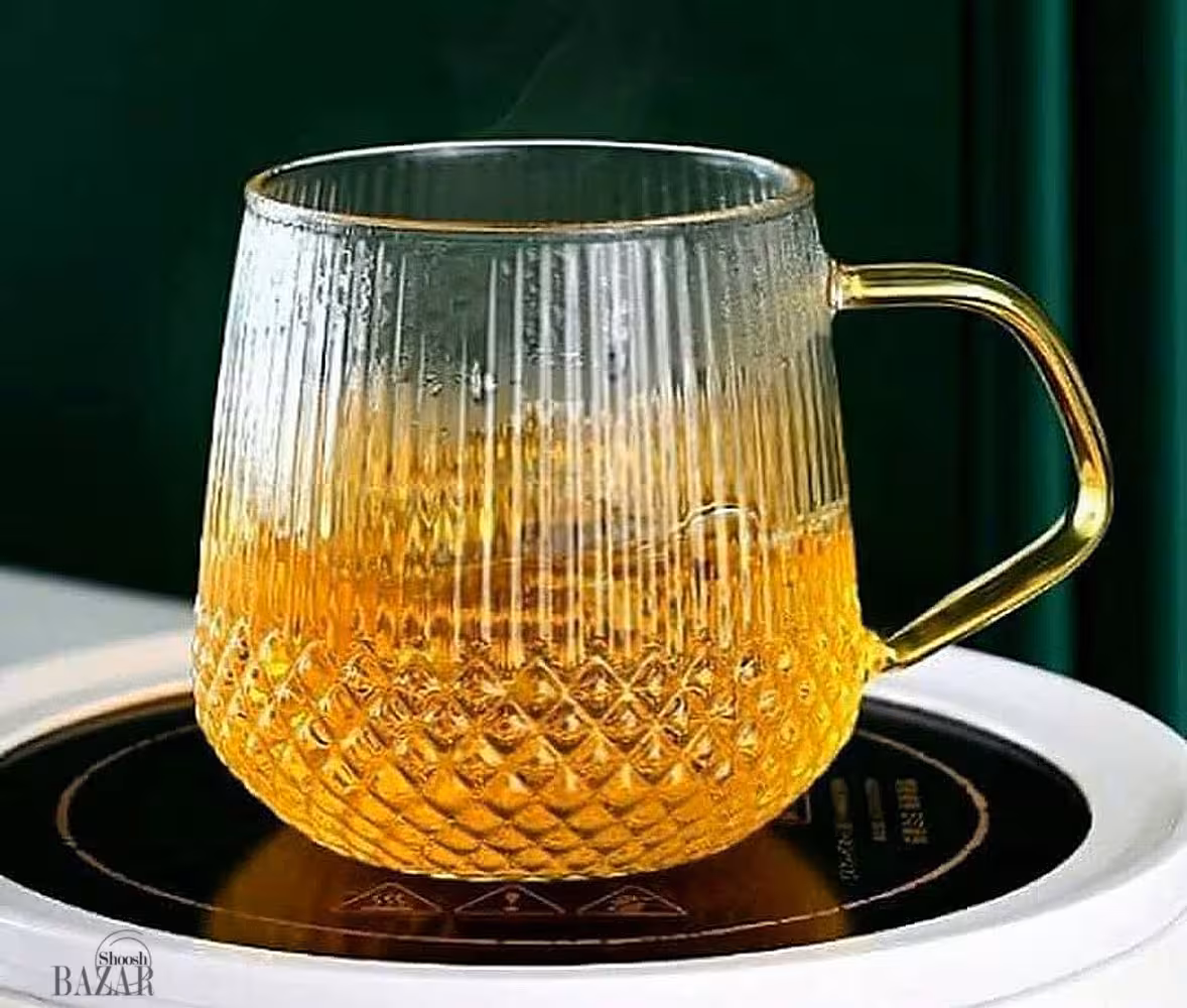 لیوان پیرکس مدل دو طرح شیاردار دسته زرد شعله مستقیم چین