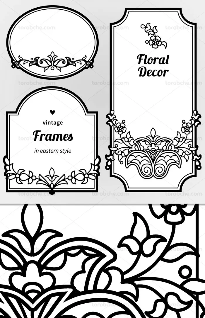 وکتور طرح قاب و حاشیه با گل و بته های دکوری | گرافیک با طعم تربچه