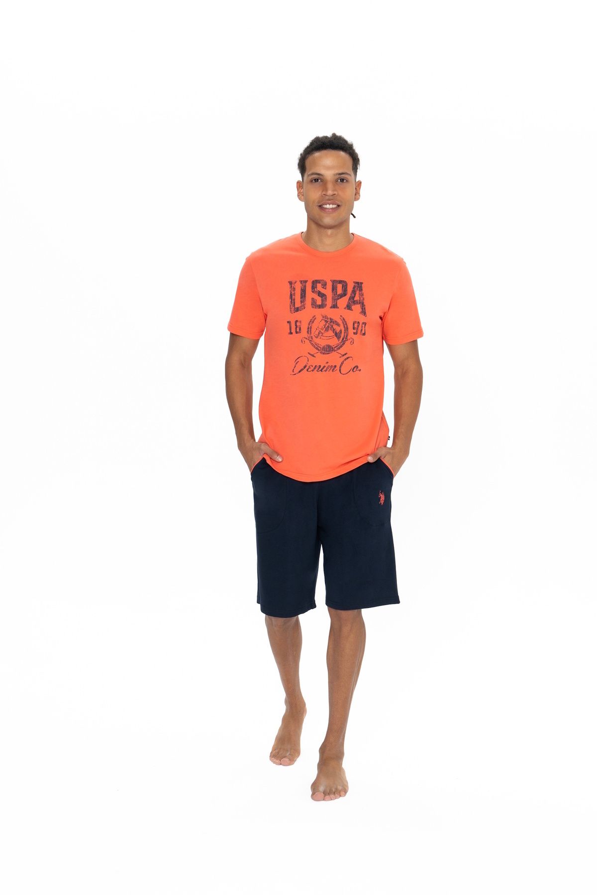 ست پیژامه نارنجی مردانه تیم شورت های تی شرت گرد یقه با مجوز اصلی جدید فصل U.S. Polo Assn.
