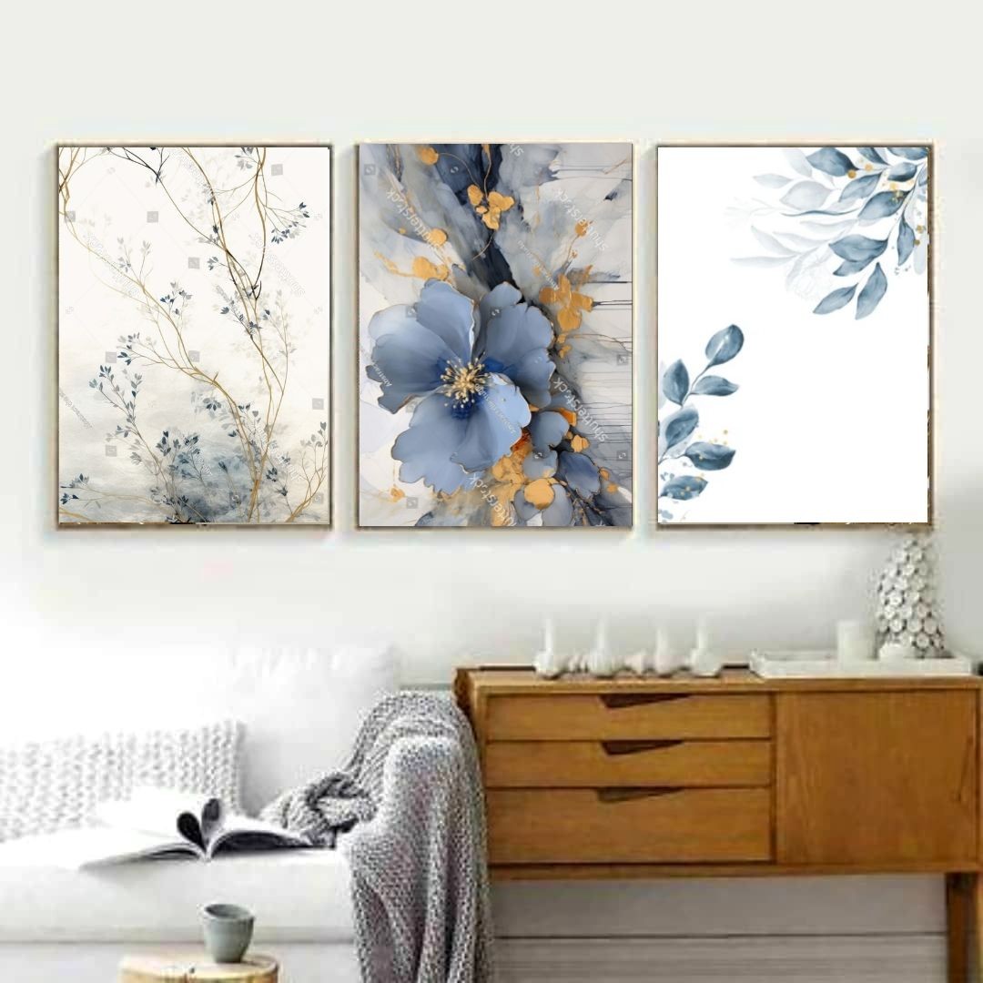 تابلو دکوراتیو فانتزی گلهای آبی وطلایی سه تکه 