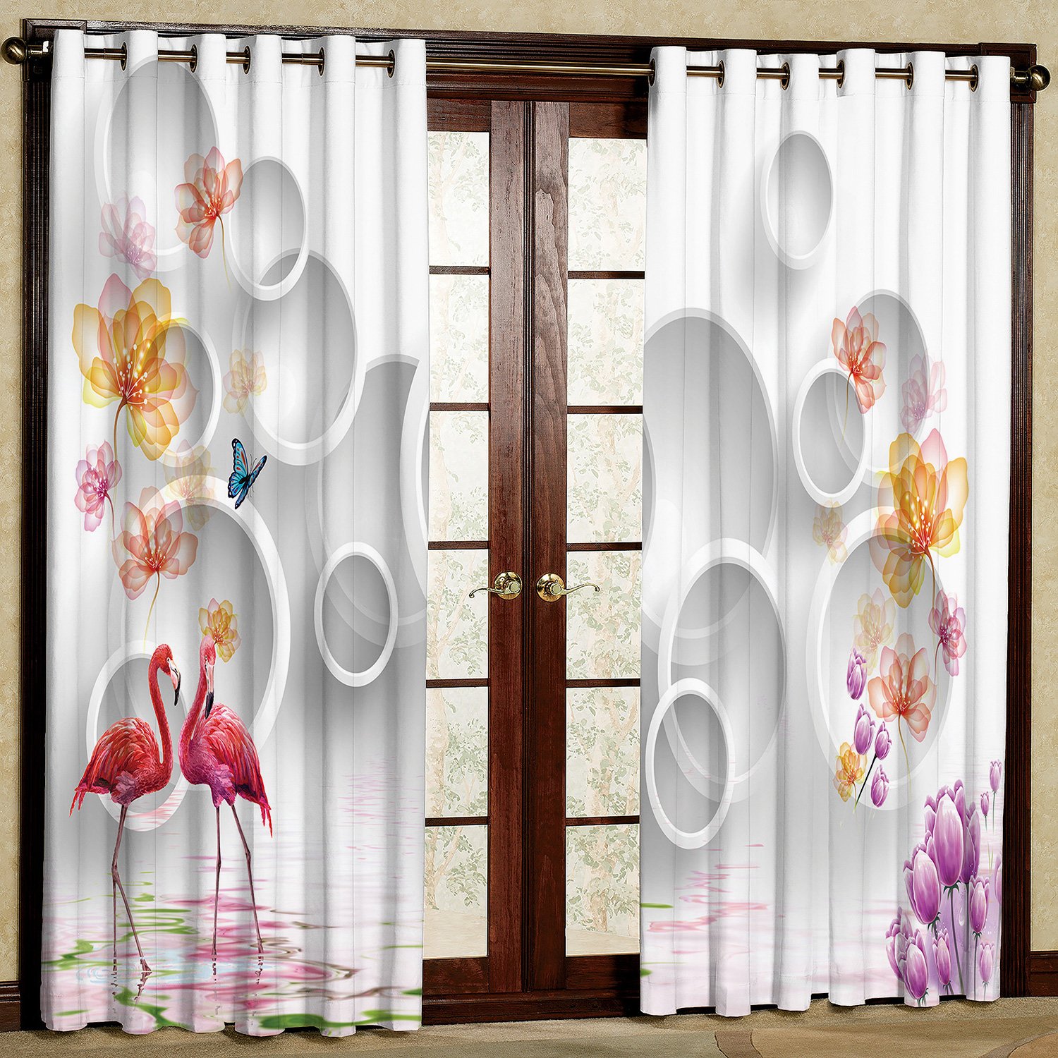 پرده مدل گل و فلامینگو مخمل پانچی کد 2653 سایز 200x140 سانتی متر