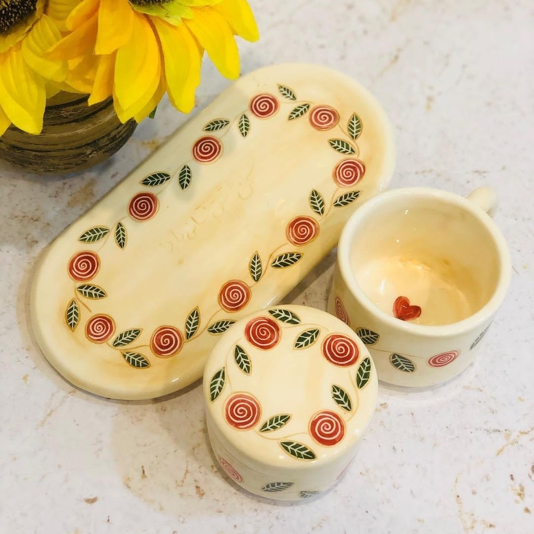 ست فنجان و قندان تک نفره سرامیکی دستساز 