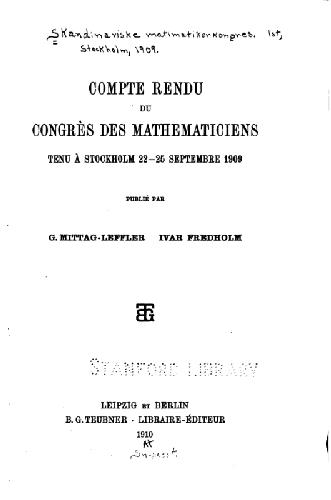 خرید و دانلود نسخه کامل کتاب Compte rendu du congres des mathematiciens, Stockholm 1909