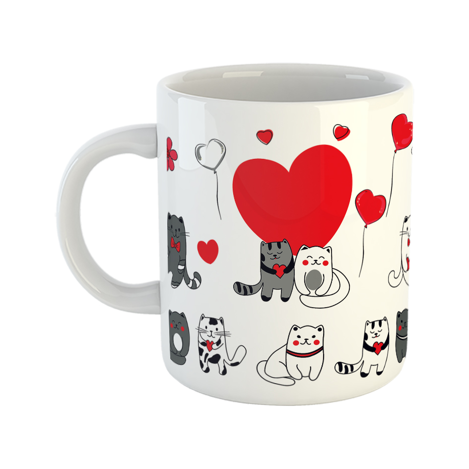 ماگ طرح گربه ملوس با بادکنک قلبی