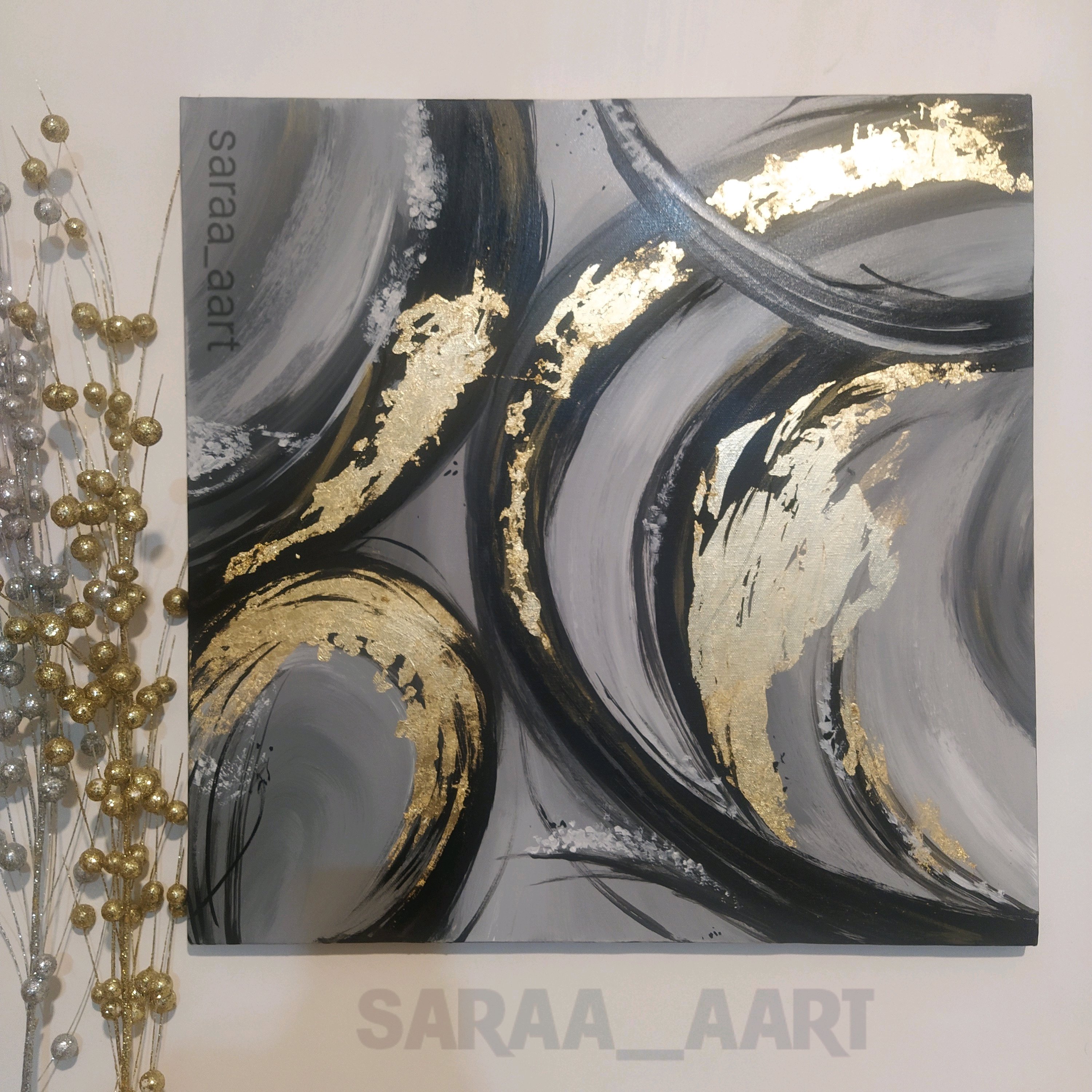 تابلو مدرن دکوراتیو کار شده با ورق طلا ( 80*80 سانتی متر )