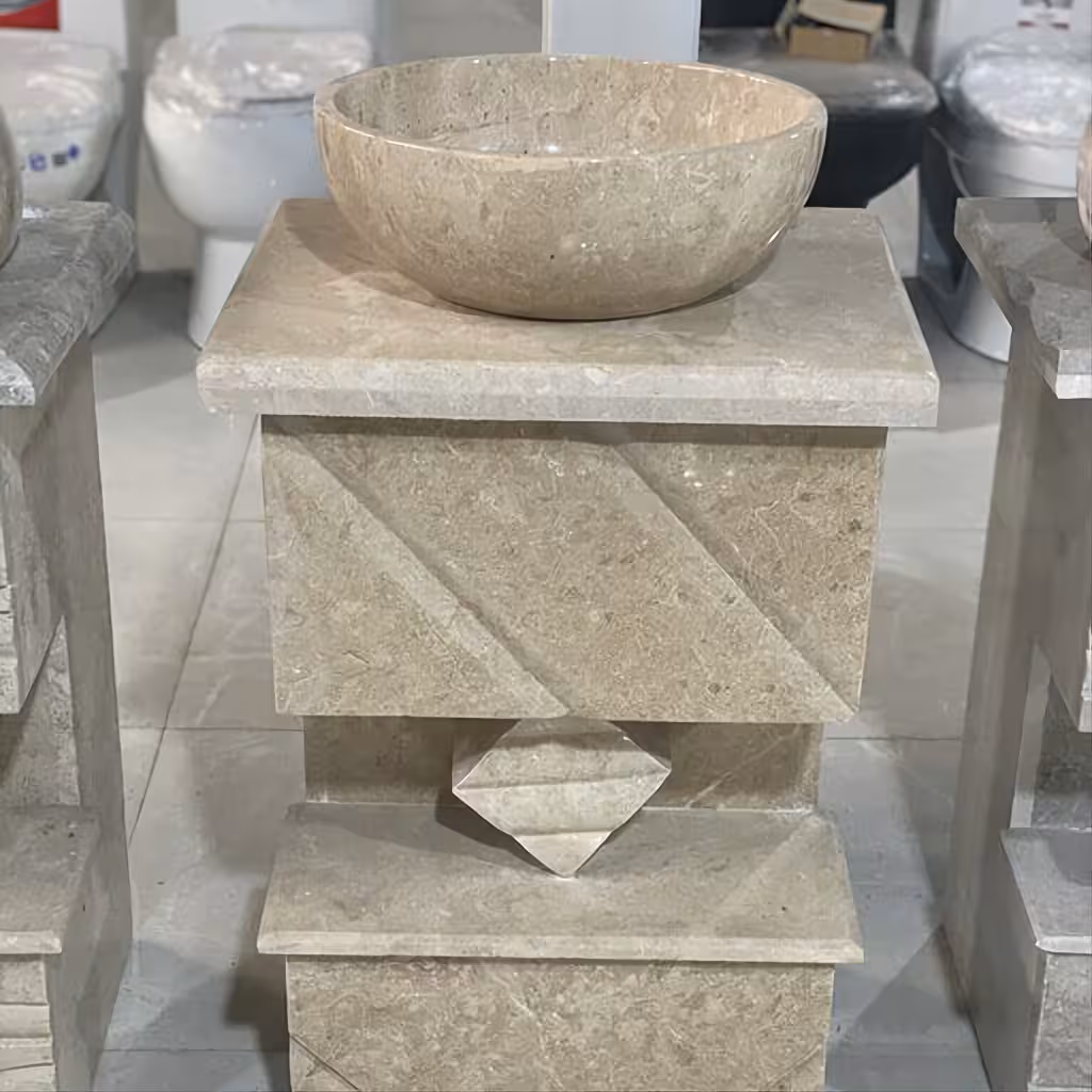 روشویی سنگی  با سنگ طبیعی سیمکان مدل روکار  به همراه قاب آیینه