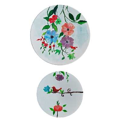 بشقاب دیوارکوب سفالی طرح گل و پرنده کد D79-A مجموعه 2 عددی