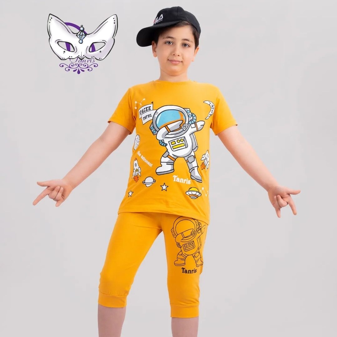 ست تیشرت وشلوا رک پسرانه طرح فضانورد پنبه لاکرا اعلا 40تا55