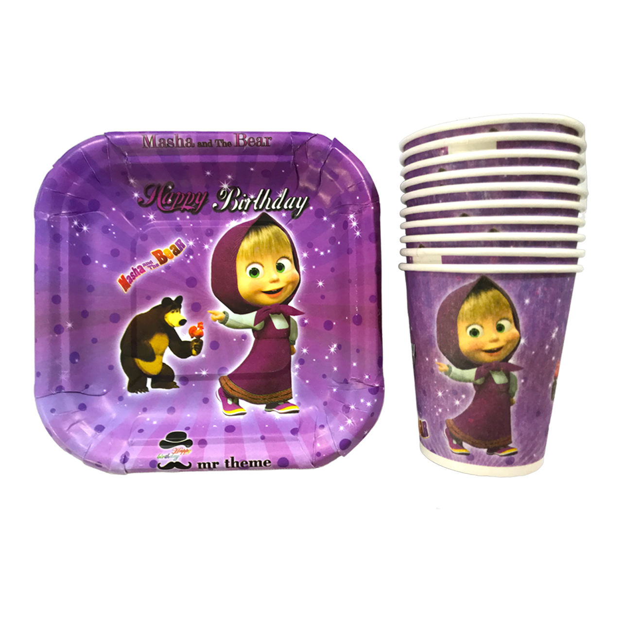 پیش دستی و لیوان یکبار مصرف مستر تم مدل ماشا و میشا پلاس بسته 20 عددی