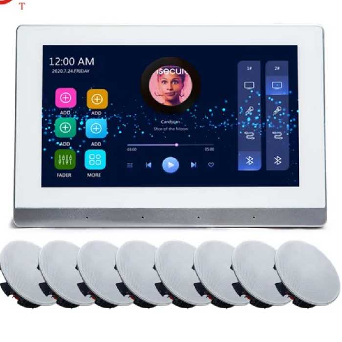 کنترل پنل موسیقی تاچ پنل امپلی فایر دیواری 7 اینچی اندروید10 wifi اتصال 8 اسپیکر 30 وات با دو زون دو مسیره 16 گیگ حافظه