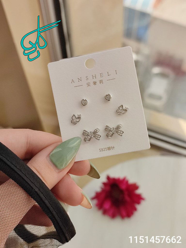 خرید گوشواره دخترانه نقره ای سه جفتی میخی رنگ ثابت کیفیت عالی کد 1616198 - ردگل