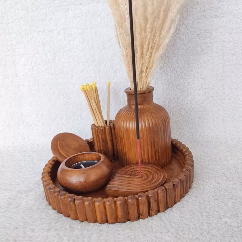 اکسسوری بتنی 5 تکه سنگی طرح چوب رنگ شده ،شامل سینی گومبولی ، جاعودی شیاری ، گلدان مراکشی ، شات بانکه دردار و جاکبریتی
