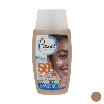کرم ضد آفتاب رنگی پیکسل، SPF 50، مدل GOLDEN BEIGE، مناسب پوستهای آکنهدار و چرب با تنالیته تیره و حجم 50 میلیلیتر، محافظتکننده در برابر اشعههای UVA و PA ،UVB ، ضد جوش و آکنه، دارای فرمولاسیون فاقد چربی و هیالورونیک اسید، با ماندگاری 2 ساعته
