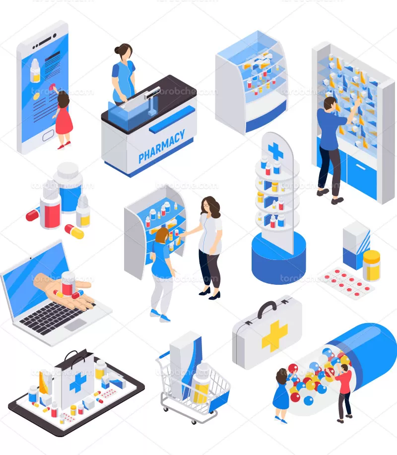 وکتور ایزومتریک داروخانه | گرافیک با طعم تربچه