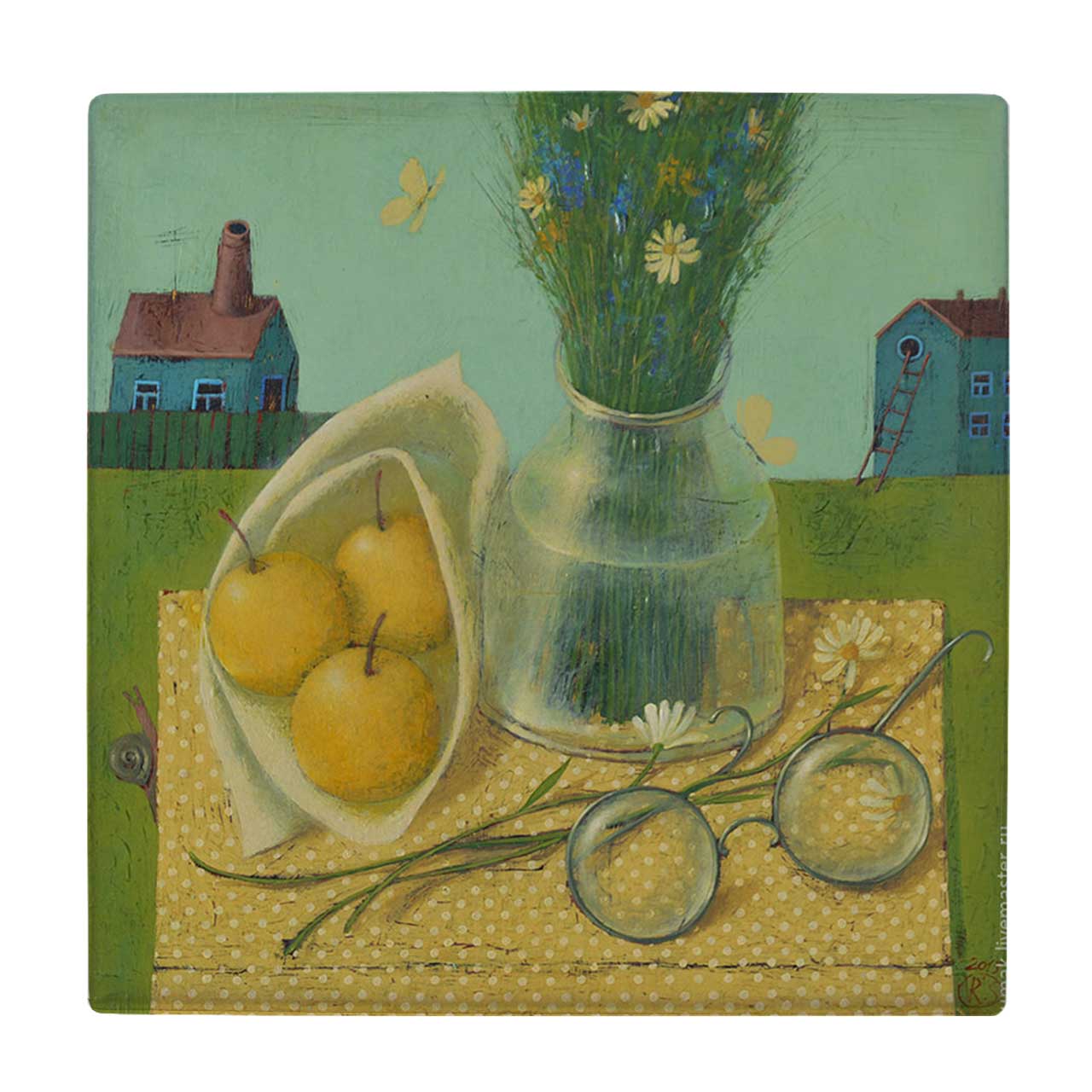 کاشی طرح گلدان و سیب و عینک کد wk3829