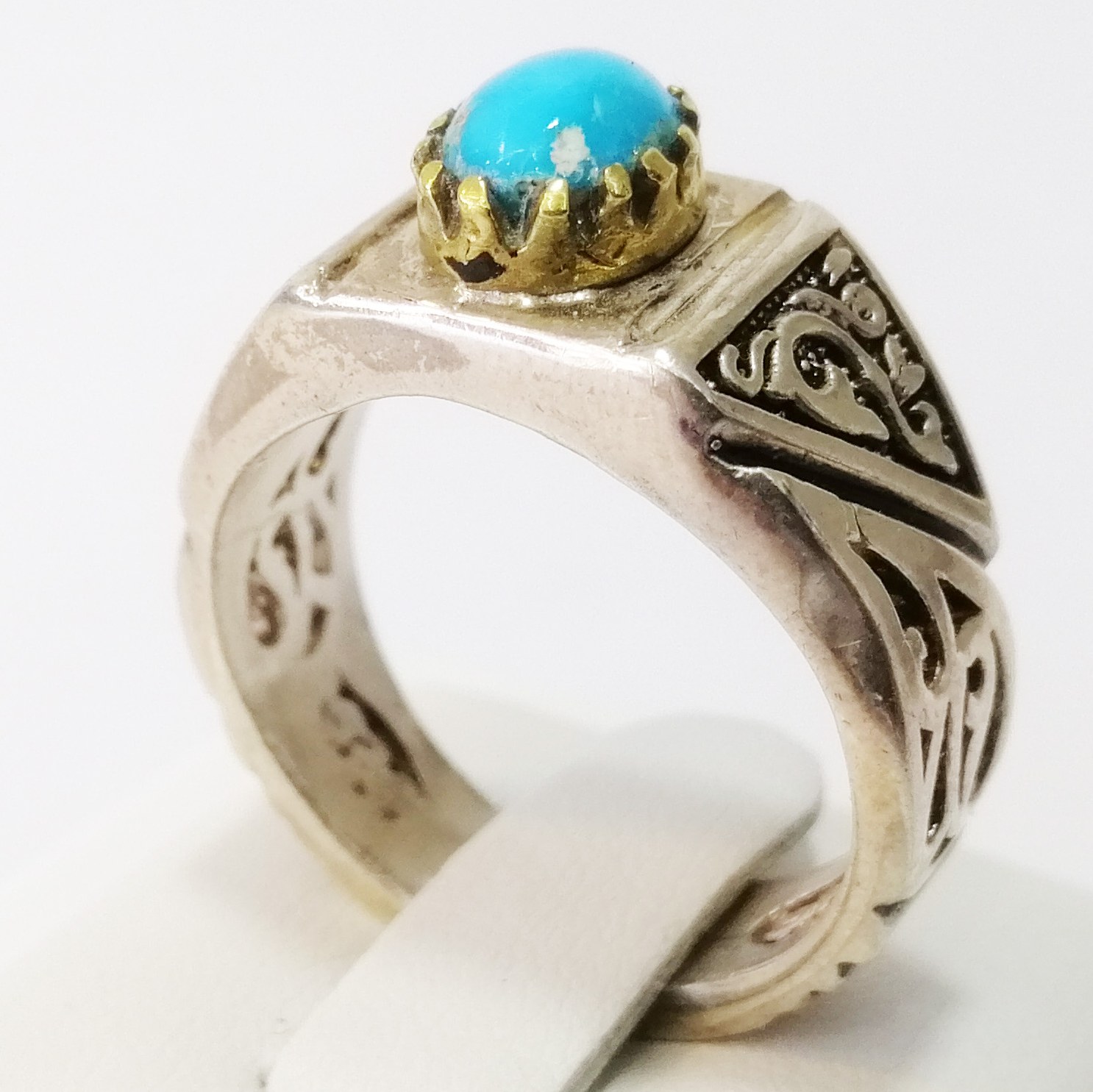 انگشتر مردانه با رکاب نقره نیمه دستی و نگین فیروزه اصل نیشابور(کد 4422)