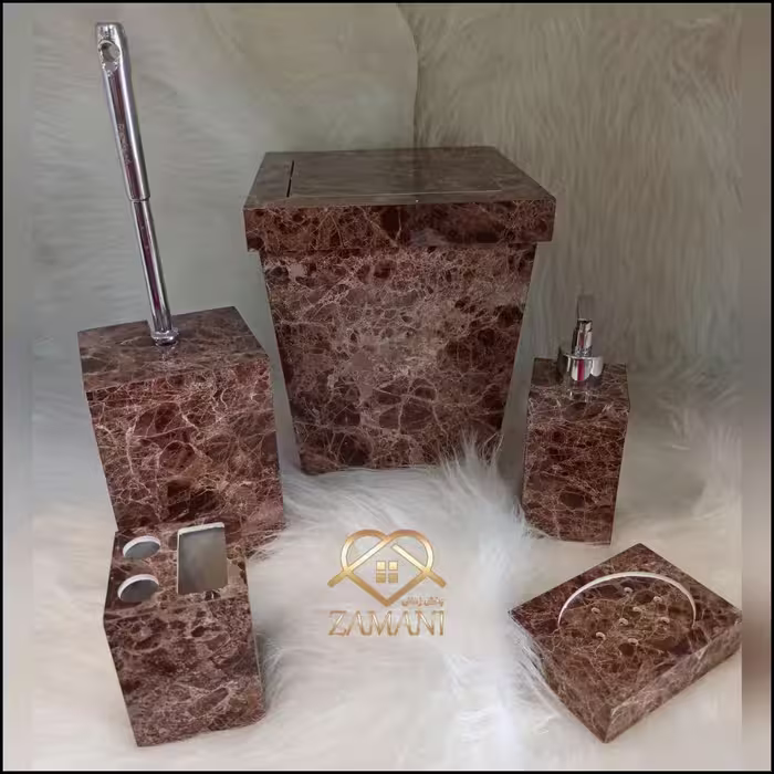 ست 5 تیکه سطل . فرچه . جا مایع . جا مسواکی . جا صابونی طرح سنگ کد 210