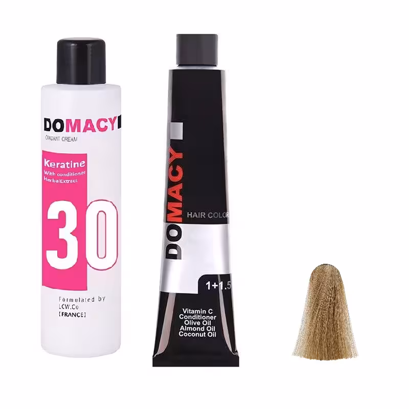 رنگ مو دوماسی شماره 8.00 حجم 120 میلی لیتر رنگ بلوند روشن به همراه اکسیدان کد 02 نه درصدی حجم 180 میلی لیتر