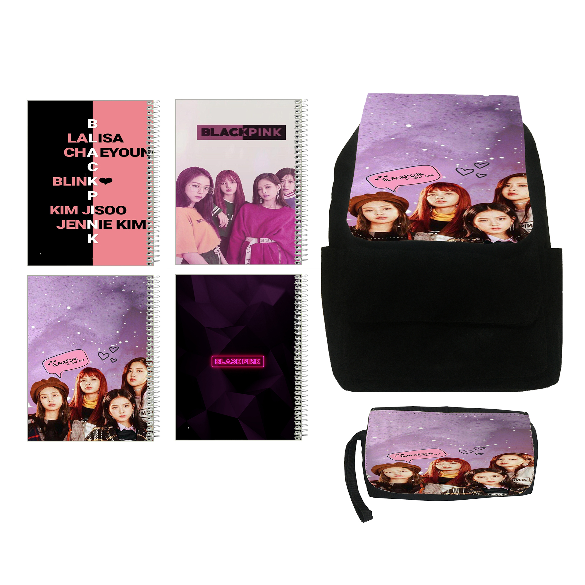 کوله پشتی مدل black pink کد kj3 به همراه جامدادی و دفتر مشق مجموعه 4 عددی