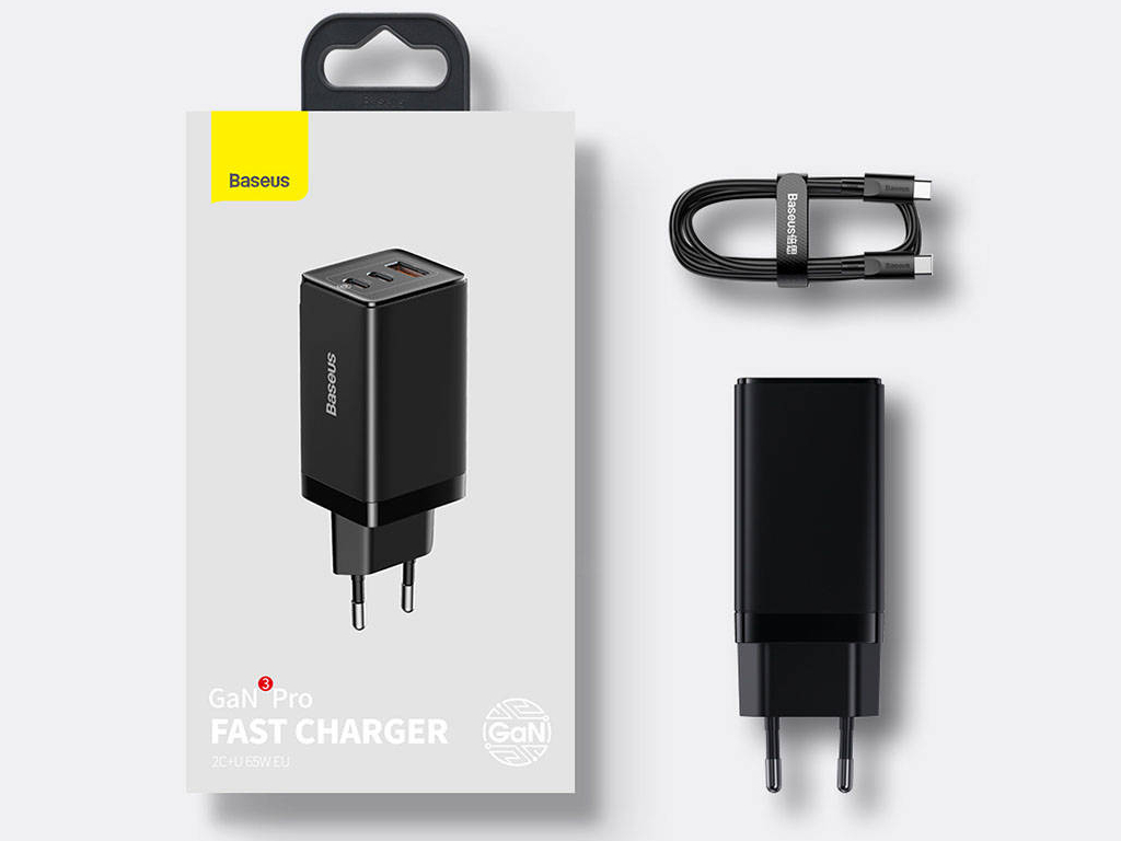 شارژر دیواری فست شارژ دو پورت تایپ‌سی و یک پورت یو‌اس‌بی   کابل شارژ بیسوس BASEUS GaN3 Pro Fast Charger 2C U 65W w/USB-C to USB-C cable (CCGP050101)